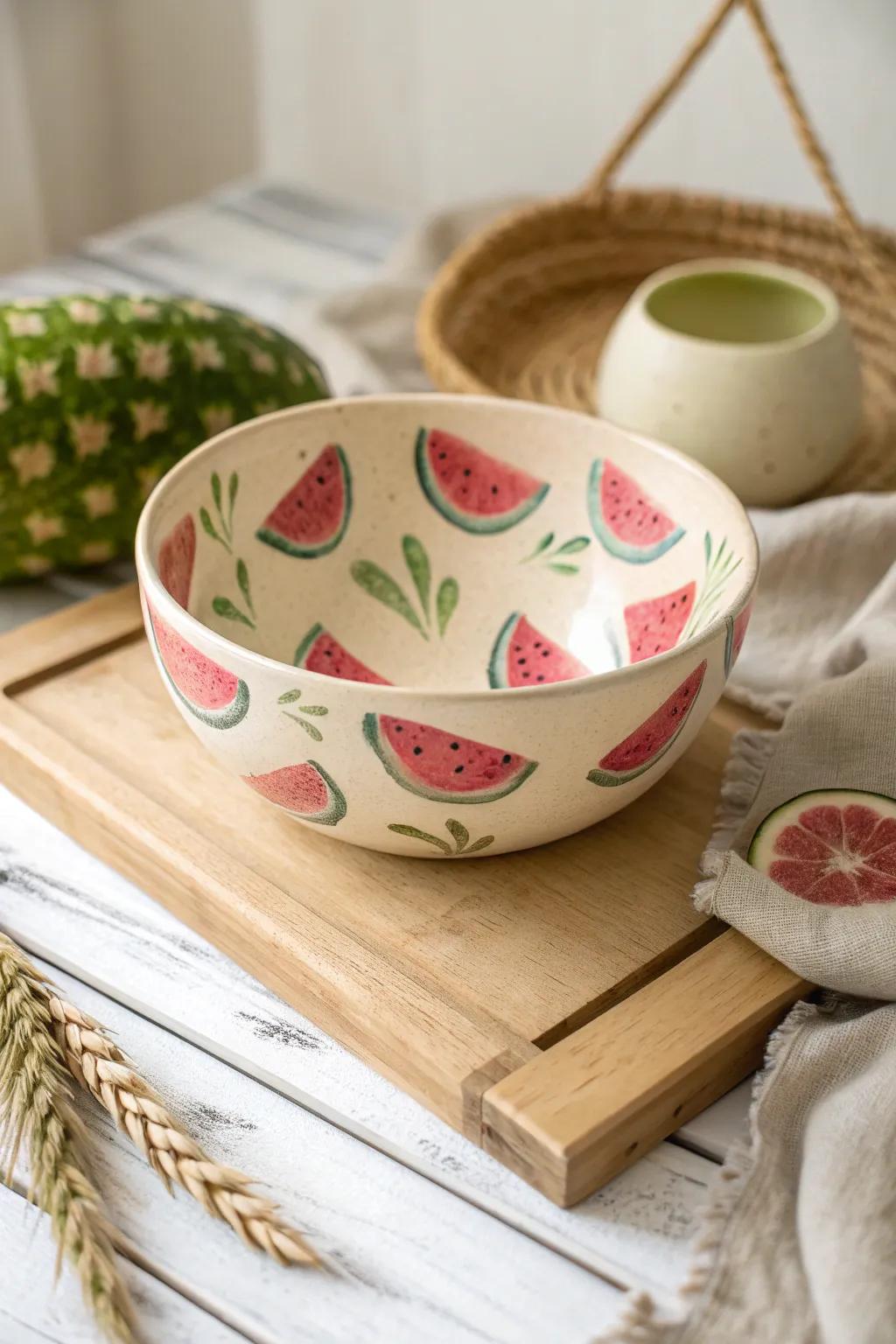 Add a splash of summer to your table with this charming watermelon-patterned ceramic bowl, a perfect blend of minimalist design and boho flair.