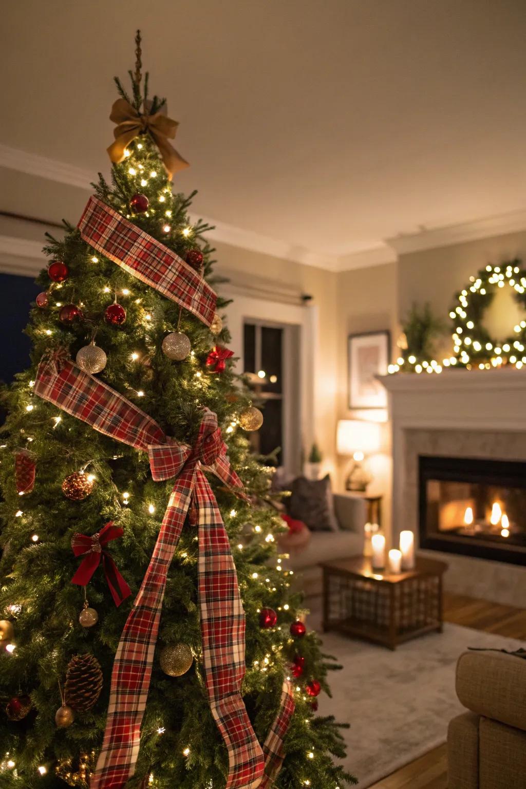 Plaid ribbons bring a playful and cozy touch to a family-focused Christmas tree.