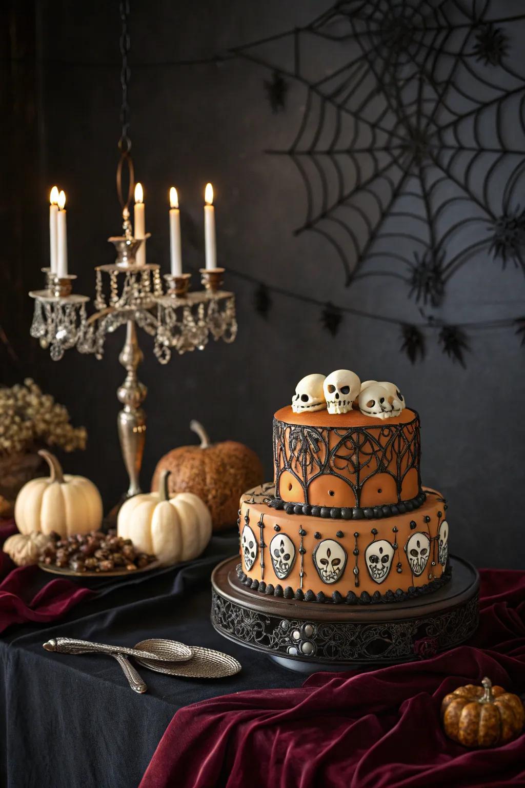 A cake adorned with skulls and ornate elements balances spooky and sophisticated.