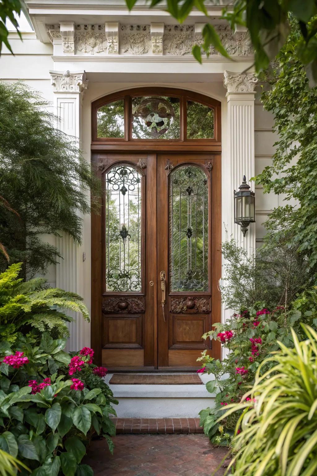 Decorative glass adds elegance and privacy to colonial front doors.