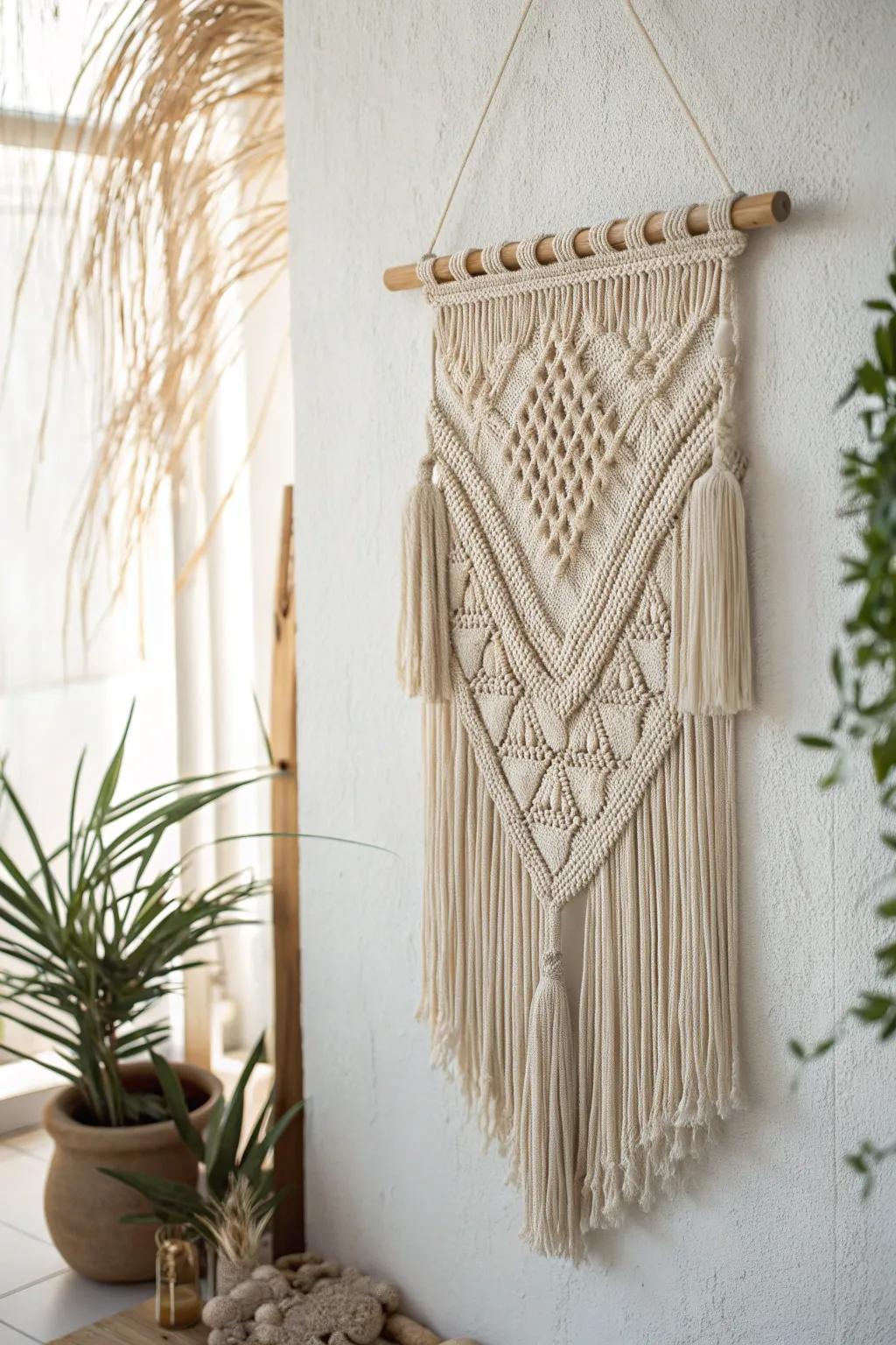 Elevate your space with the timeless elegance of a knitted wall hanging, where minimalist design meets artisanal flair.
