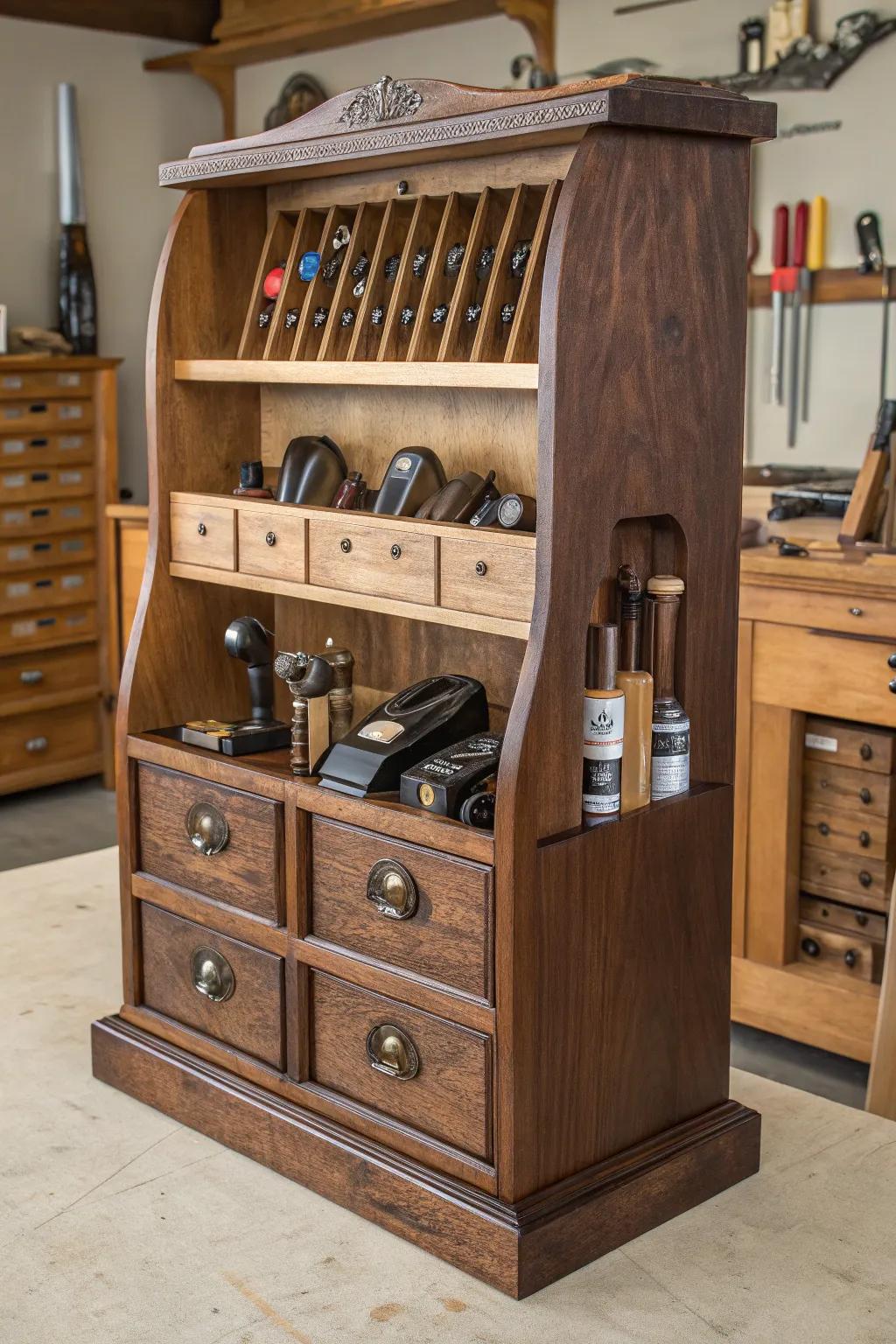 Elevate your workshop with a custom-built tool storage masterpiece that combines functionality with artisanal craftsmanship.