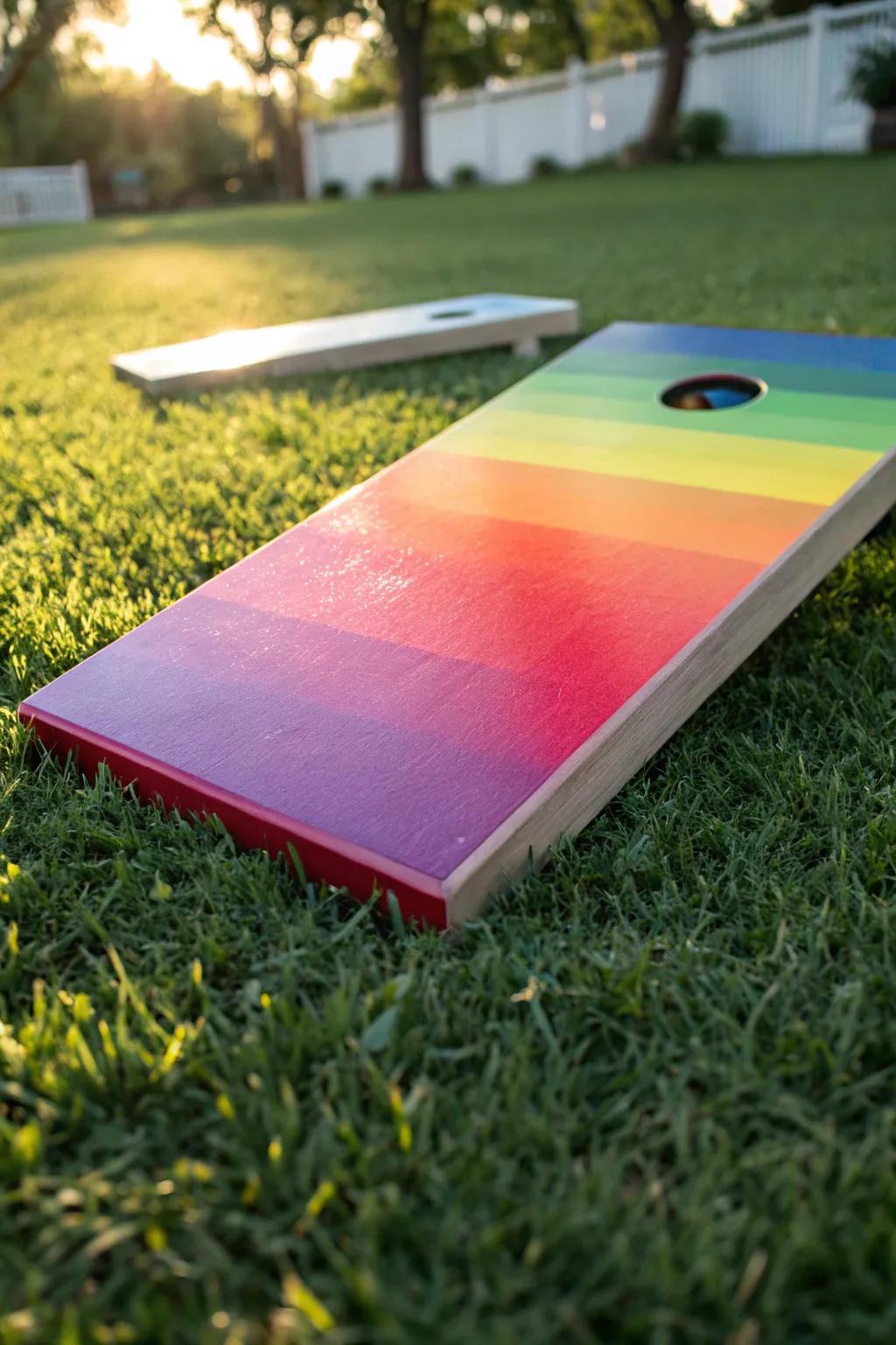 Experience the joy of play with this stunning rainbow gradient cornhole board!