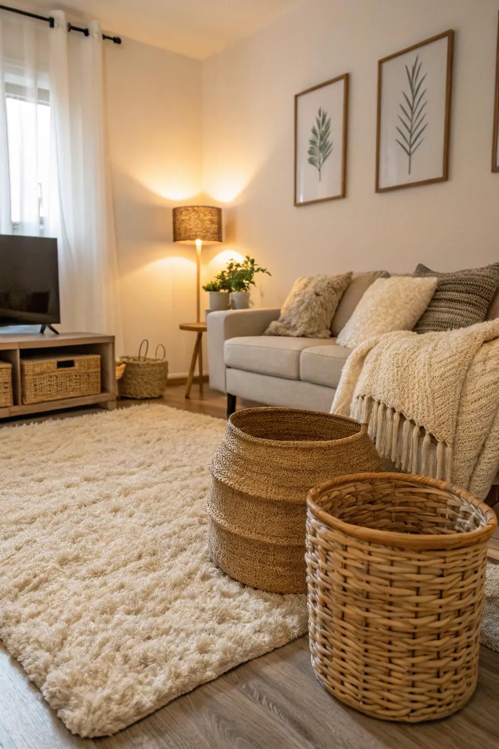Textured elements like rugs and baskets bring depth to your decor.