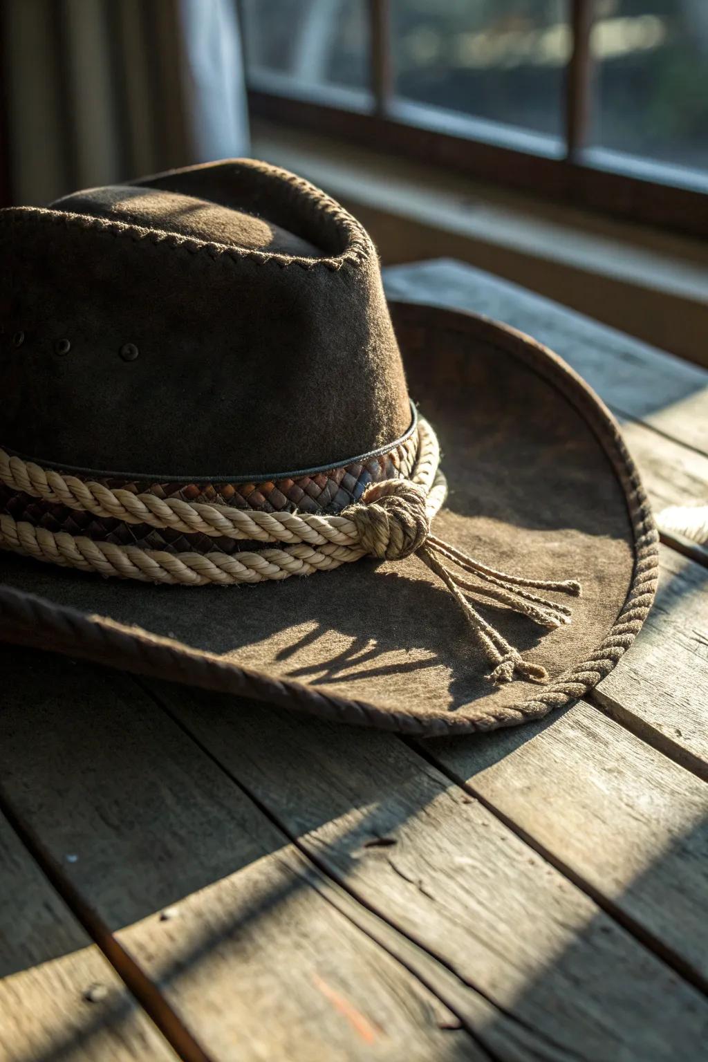 Embrace rustic charm with a rope-twined cowboy hat band.