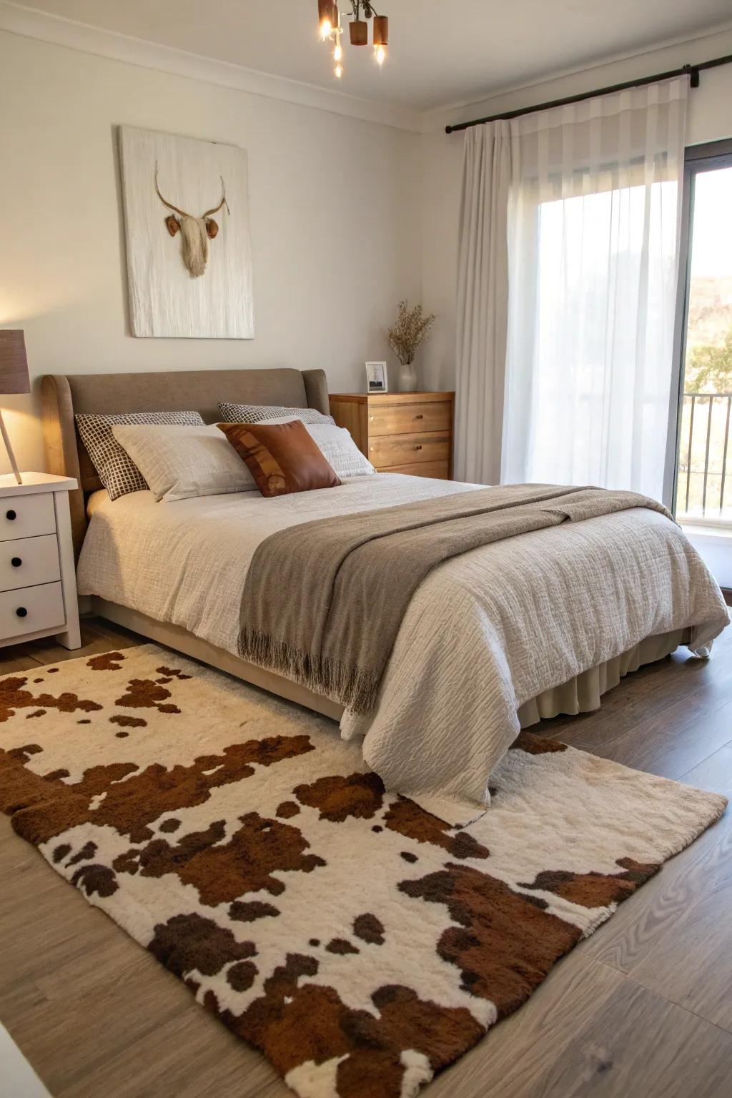 A stylish bedroom with a cowhide rug under the bed.