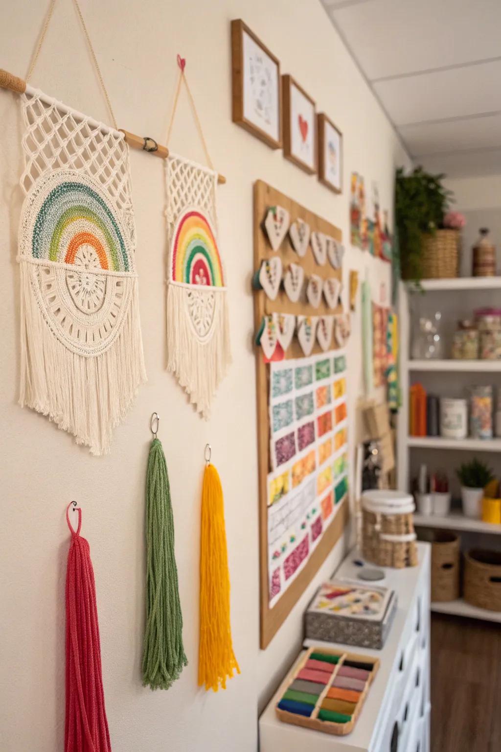 Handmade decorations personalize this craft room wall.