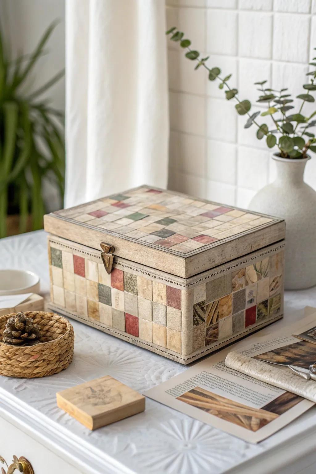 Eco-Chic: This upcycled mosaic box brings sustainable beauty into minimalist design.