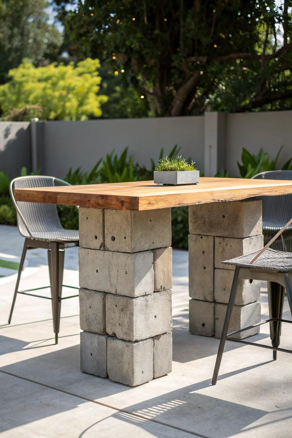 Elevate your patio with this bold DIY table: concrete block legs for an industrial flair.