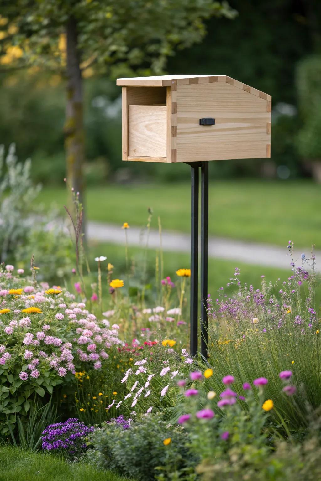 Embrace nature with a minimalist mailbox surrounded by blooming wildflowers—where simplicity meets the beauty of the wild.