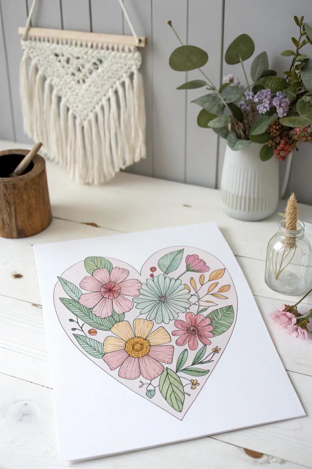Embrace love with the delicate charm of floral heart drawings, perfect for a heartfelt gift.