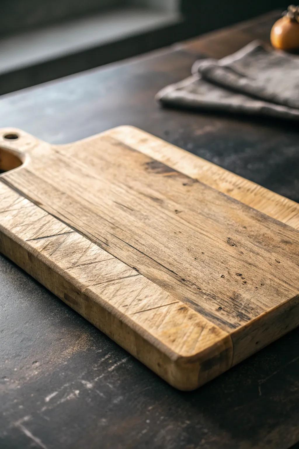 Embrace rustic charm with this vintage-inspired distressed wood cutting board.
