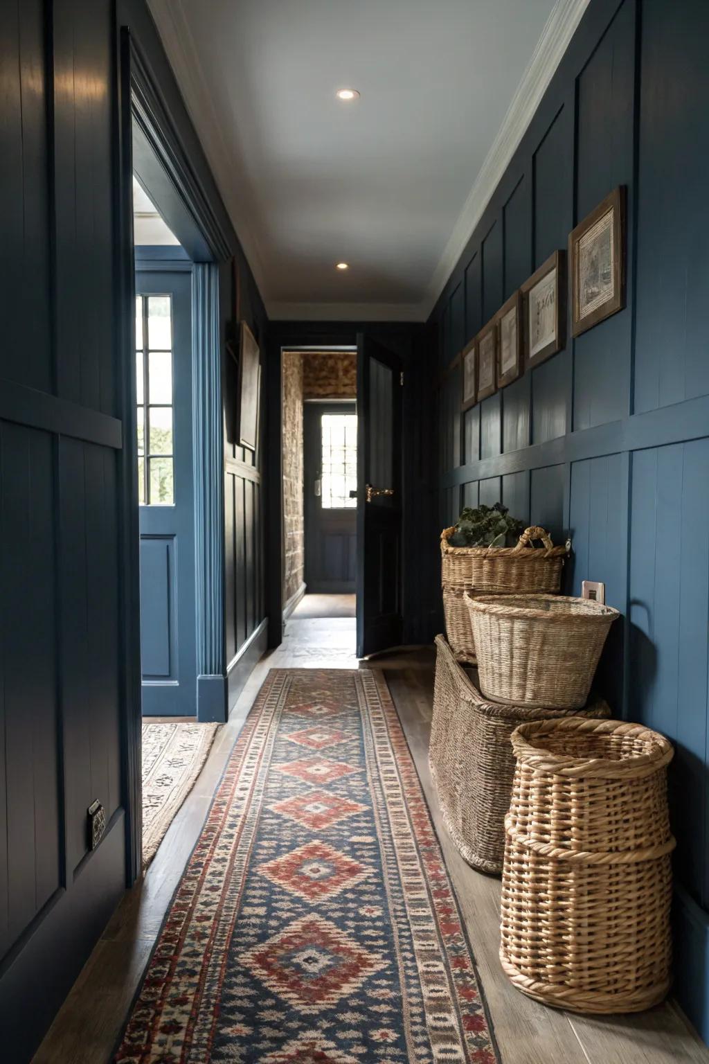 Layered textures enhance the cozy appeal of a dark blue hallway.