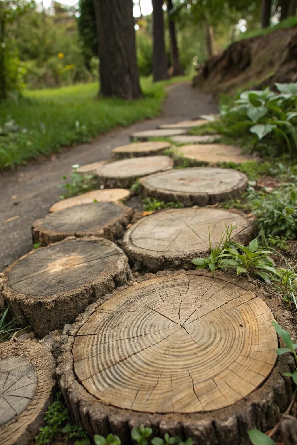 Transform your garden with a rustic tree trunk pathway, where nature meets elegance.