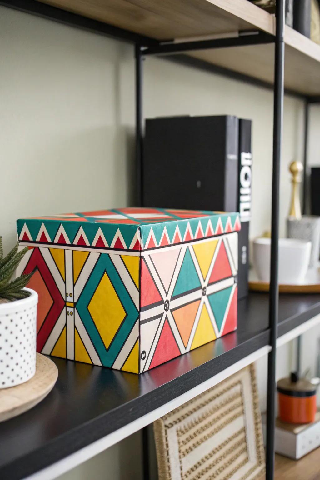 A modern art-inspired box with bold geometric patterns.
