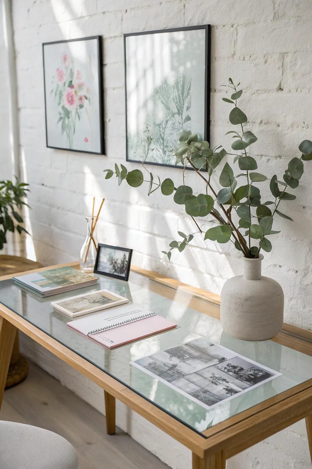 Transform your desk into a personal gallery with a clear glass cover, a perfect blend of elegance and functionality.