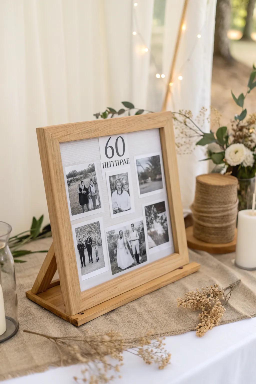 Celebrate memories with a beautifully crafted vintage photo display centerpiece, perfect for sparking joy and conversations at any 60th birthday celebration.