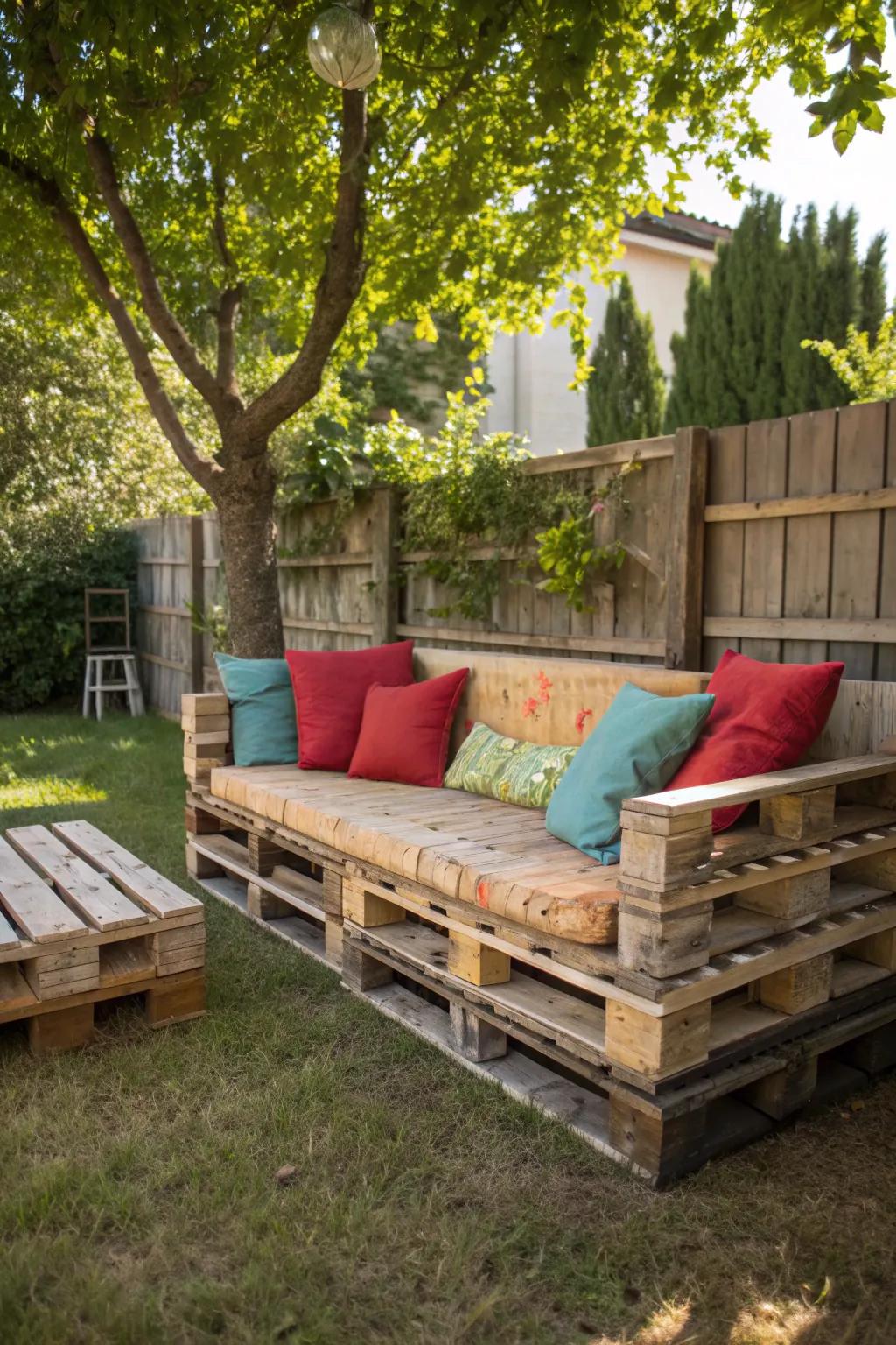 Transform your backyard with a stylish DIY pallet sofa, where rustic charm meets colorful comfort.