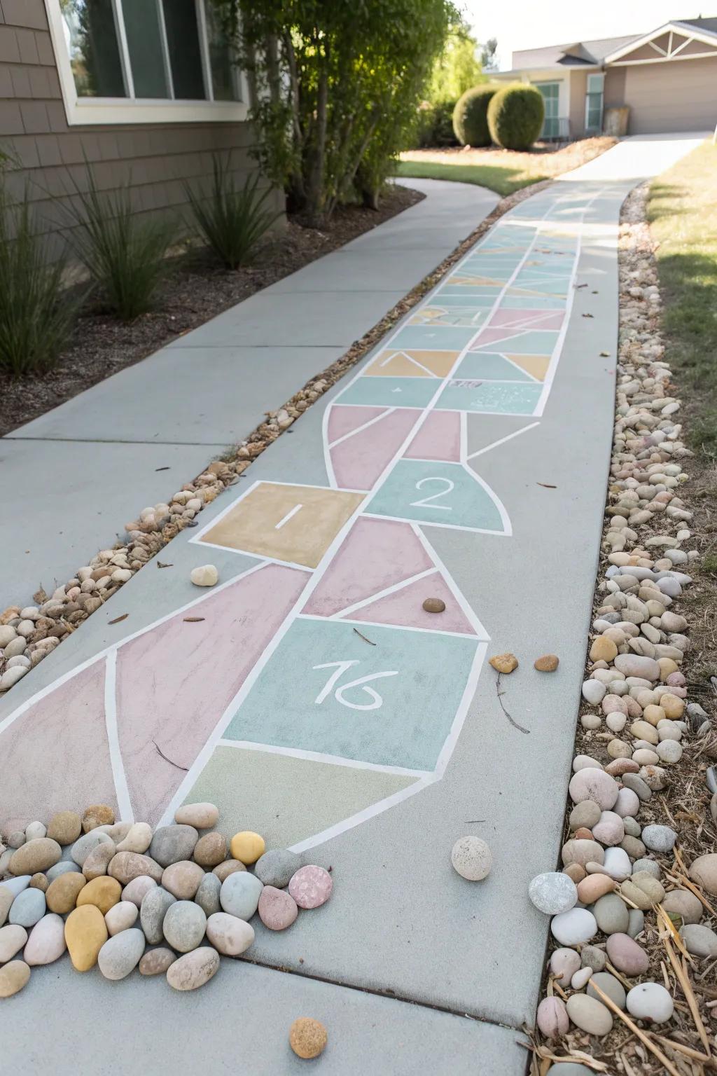 Step into playful elegance with a minimalist chalk and pebble hopscotch path, perfect for sparking joy and movement.