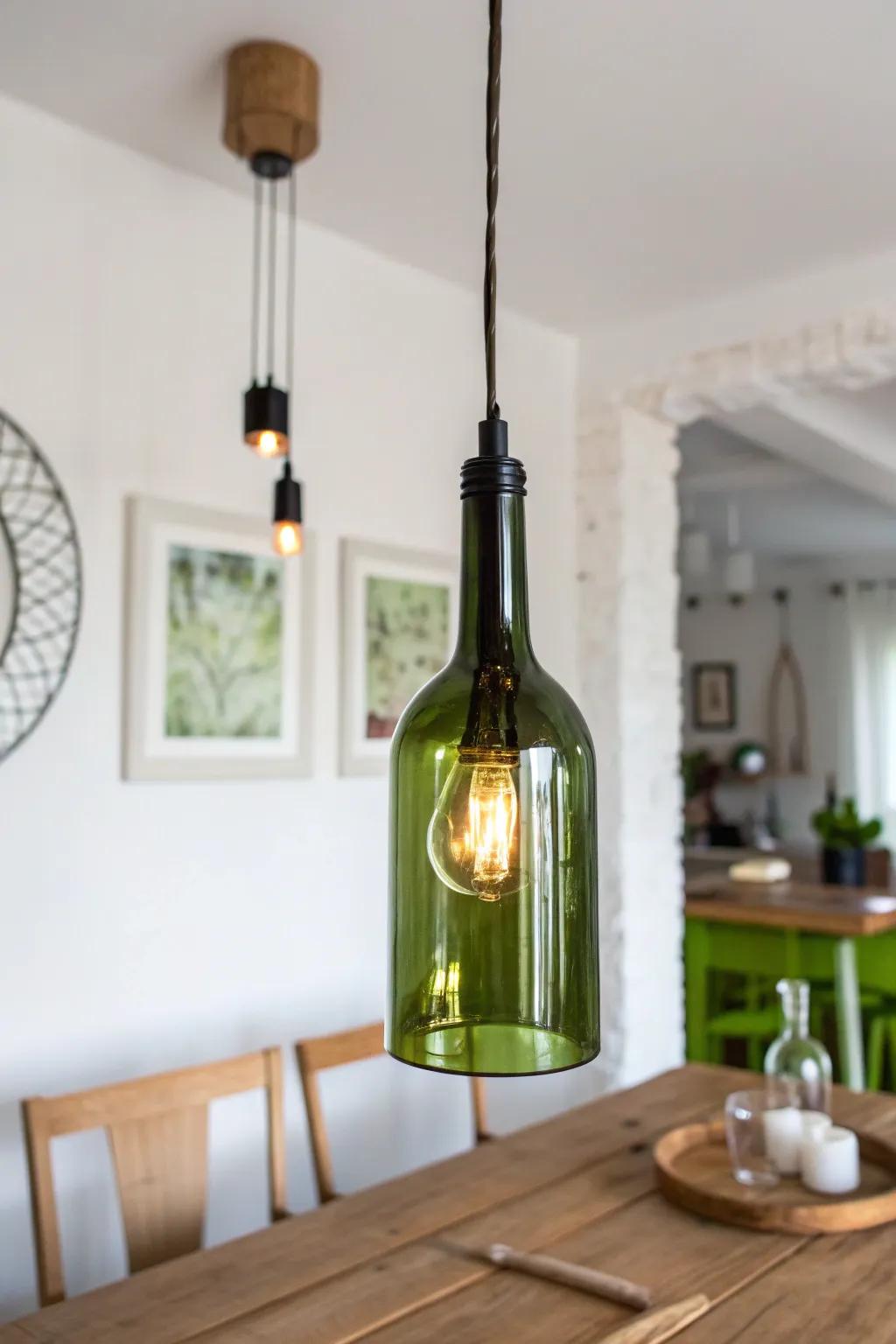 Illuminate your space with elegance: Upcycled wine bottle pendant light.