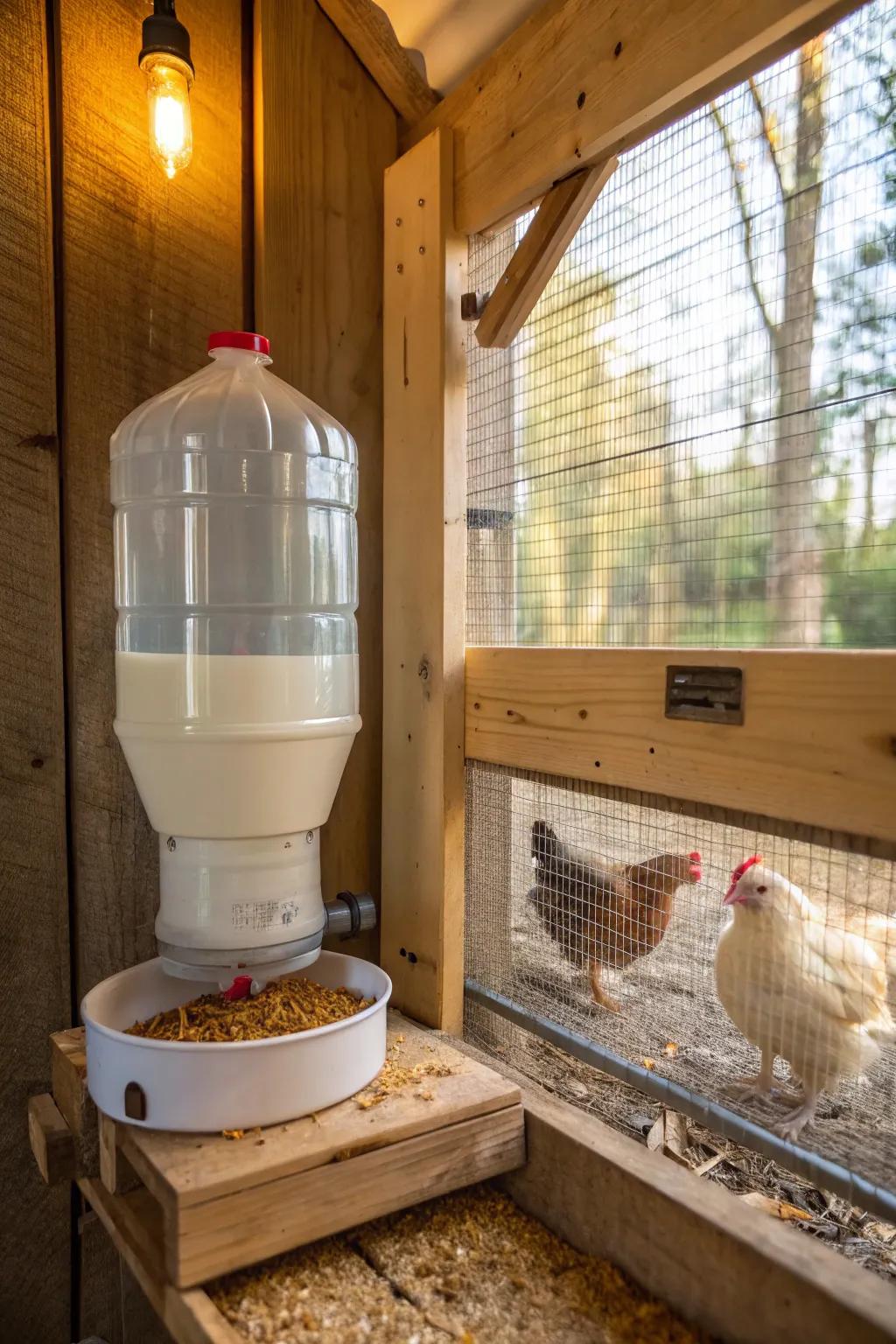 Revolutionize your coop with this stylish and efficient gravity-fed bottle feeder—sustainable and so simple, it's genius!