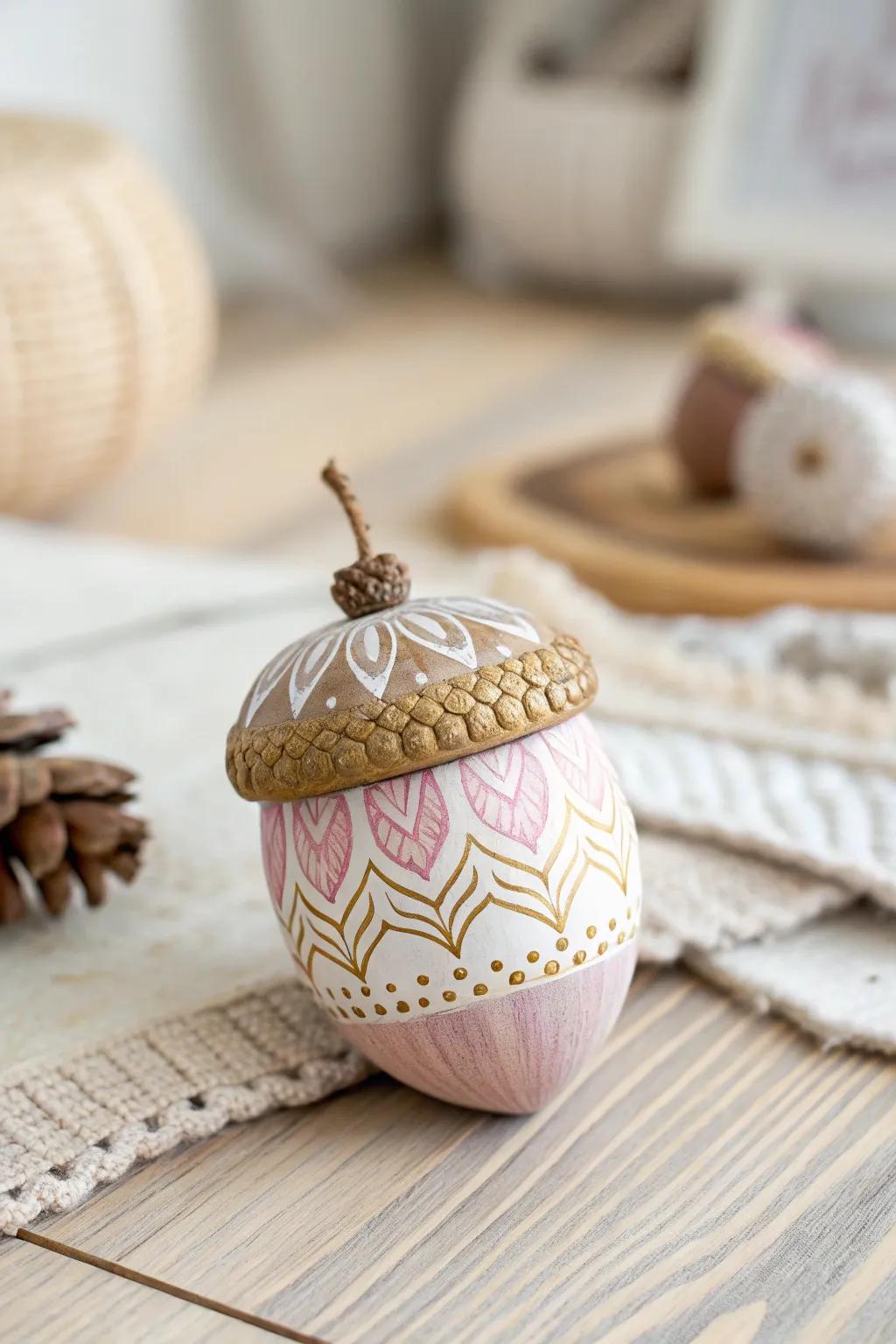Celebrate the season with handcrafted charm: a stunning hand-painted acorn ornament that brings a touch of nature and elegance to your holiday decor.