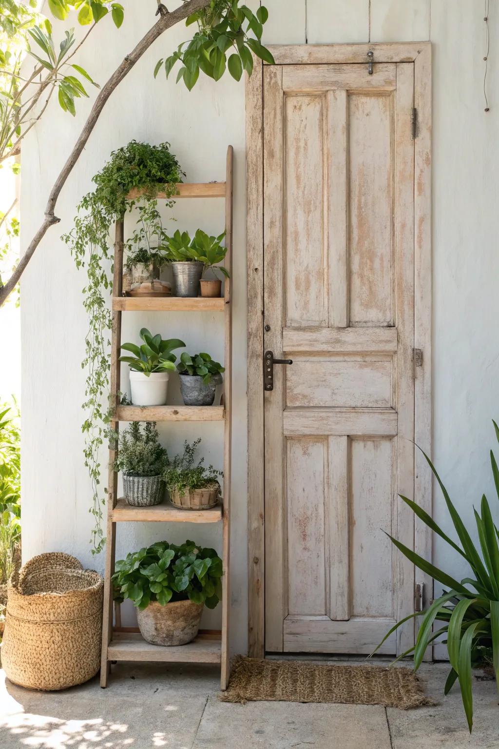 Transform a vintage door into a stunning plant stand and let your greenery shine with minimalist charm.
