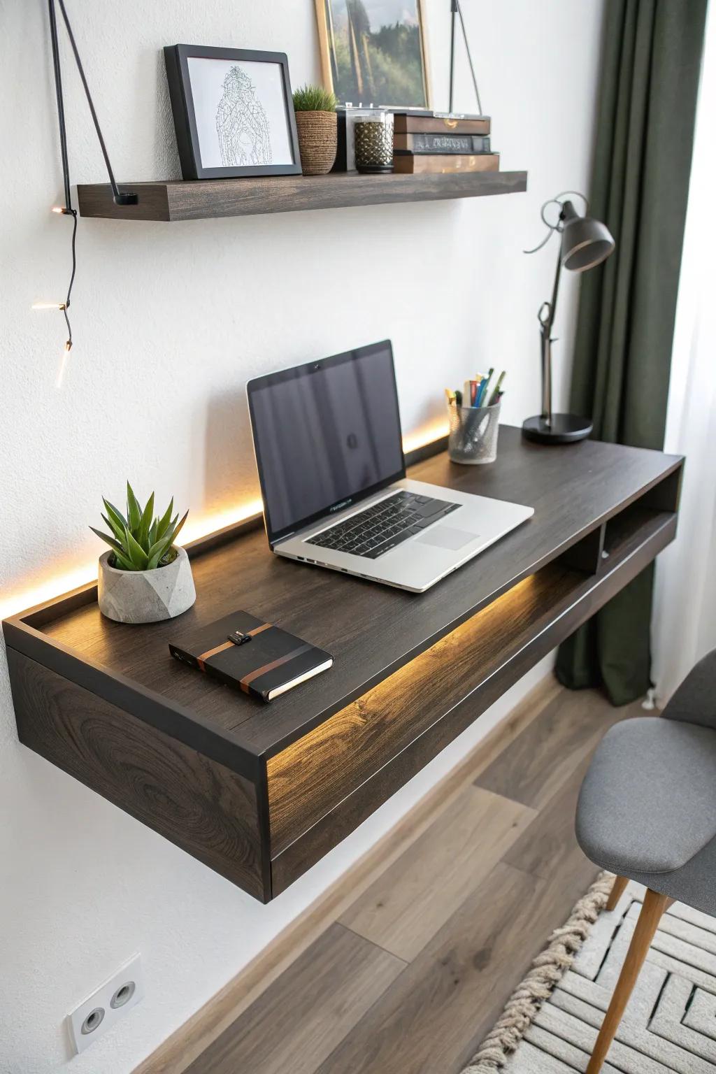 Illuminate your creativity with a stylish, space-saving floating desk featuring built-in lighting.