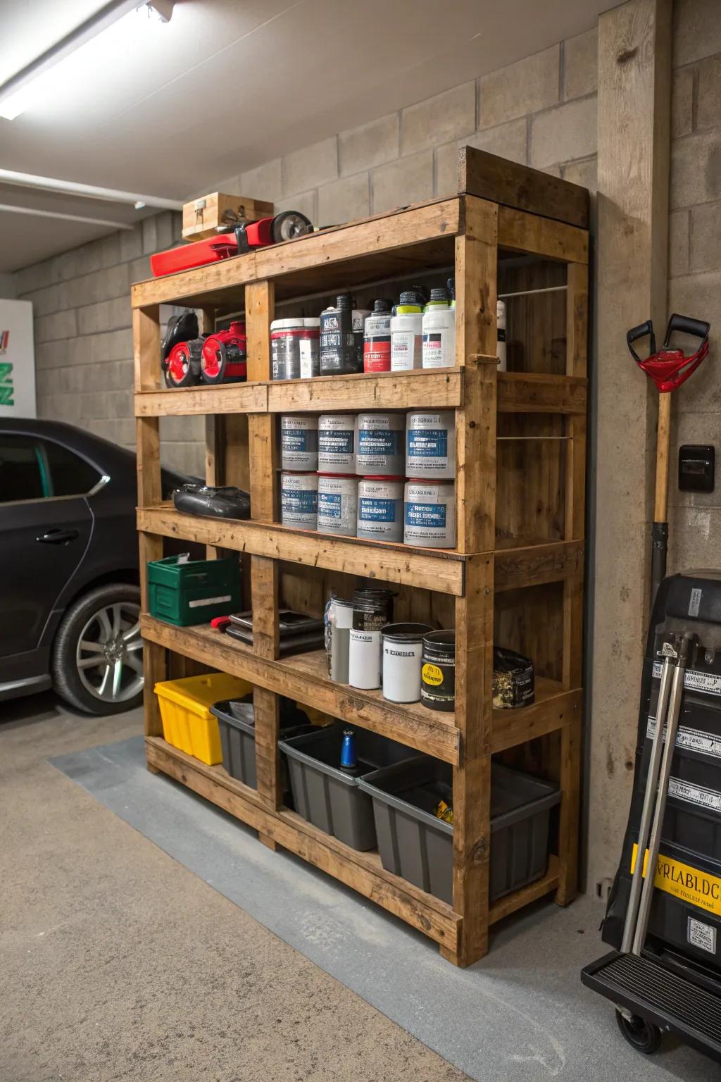 Transform your garage with rustic pallet shelving—where style meets functionality.