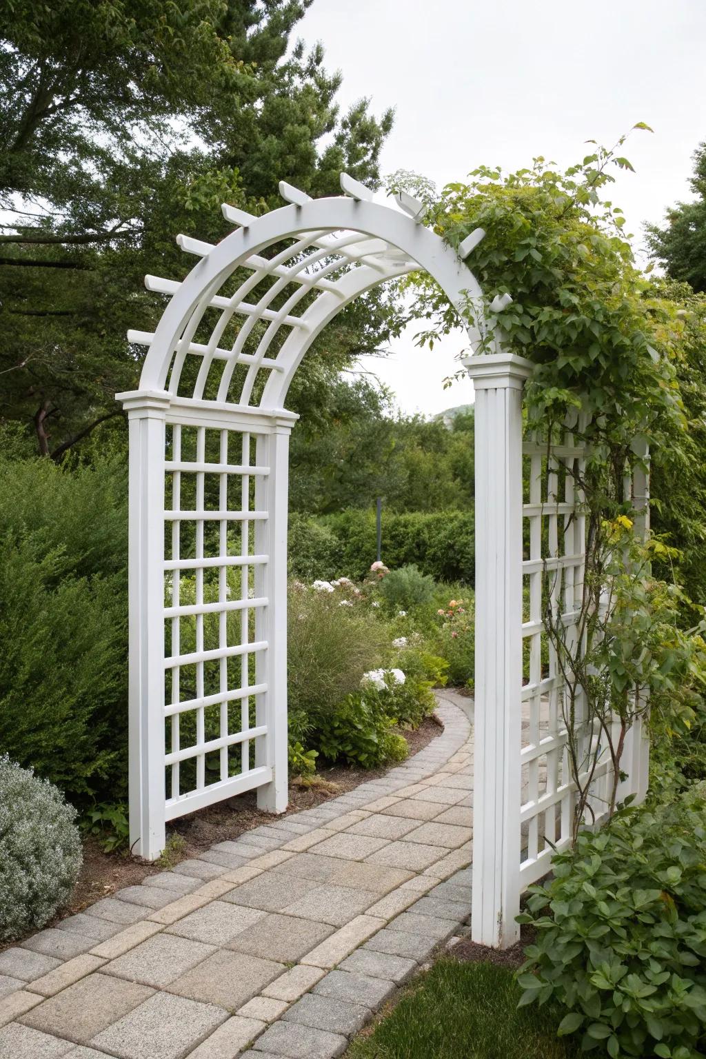 Embrace simplicity and elegance with a classic white lattice archway for your garden oasis. 🌿✨