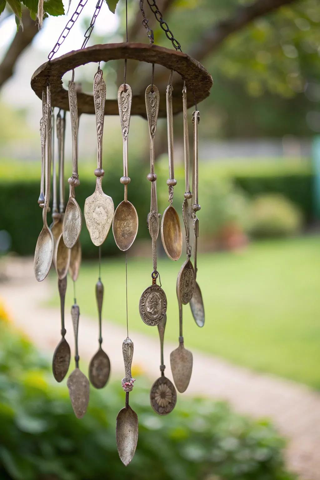 Embrace the charm of upcycled elegance with this rustic spoon wind chime, a perfect blend of simplicity and creativity for your garden sanctuary.