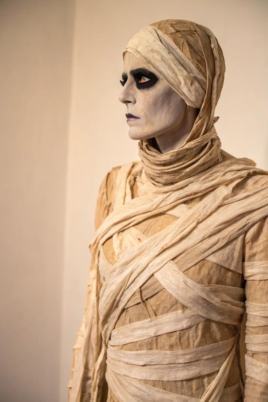 Embrace the eerie elegance of a minimalist mummy this Halloween.
