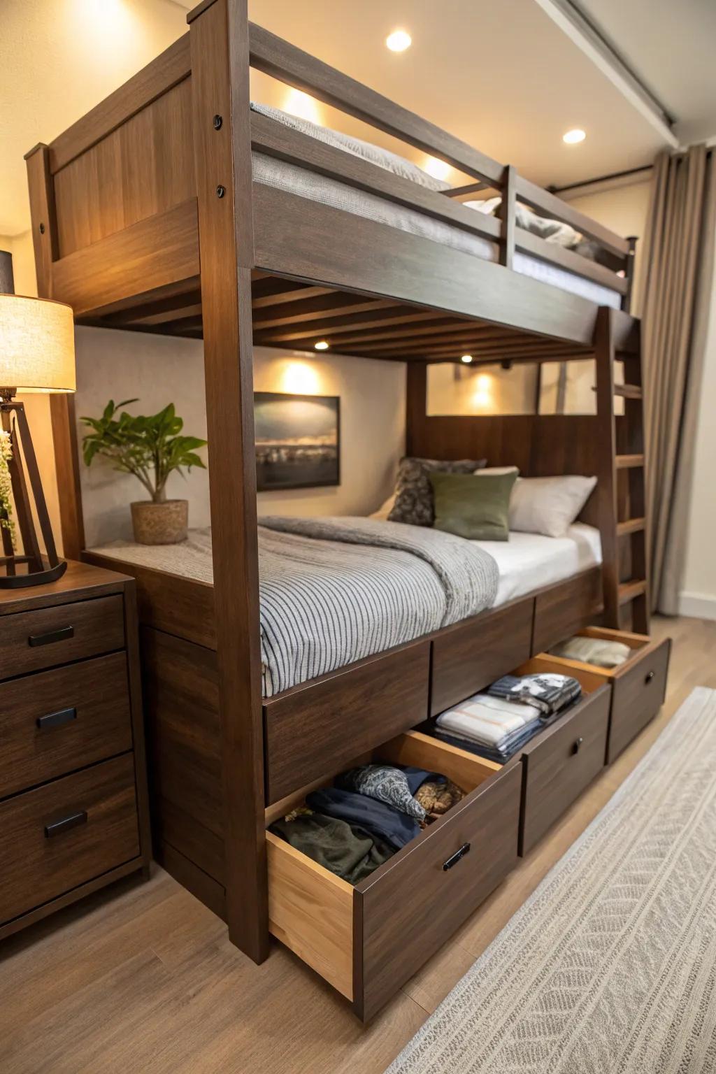 Maximize space and style with this stunning bunk bed design featuring smart storage solutions.