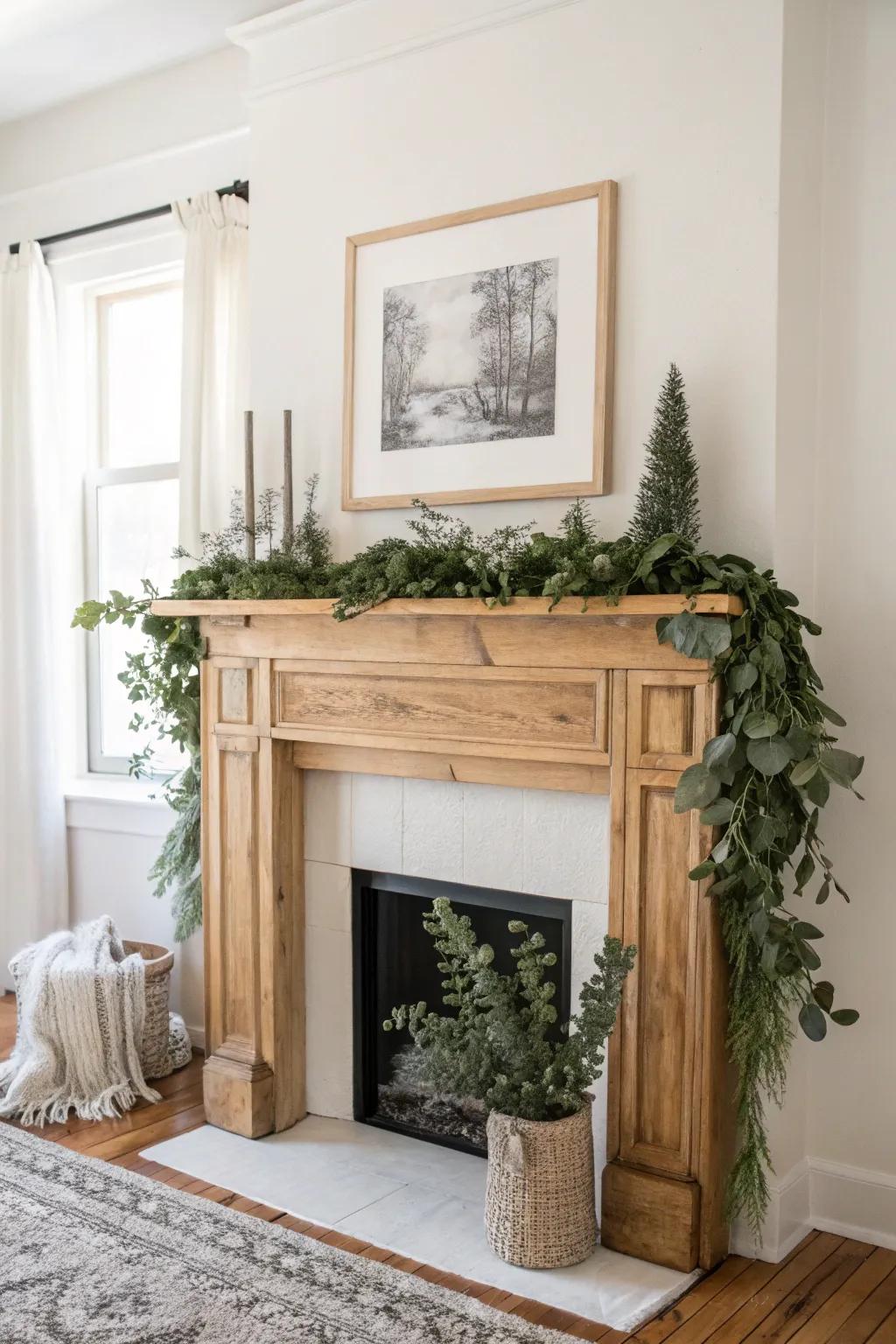 Transform your mantel into a serene focal point with natural greenery and elegant art. #ScandinavianStyle #BohoChic