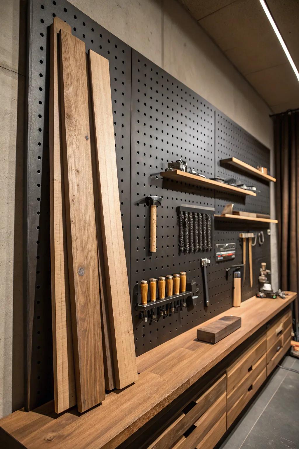 Transform your workshop with this adaptable pegboard lumber rack—where organization meets style.