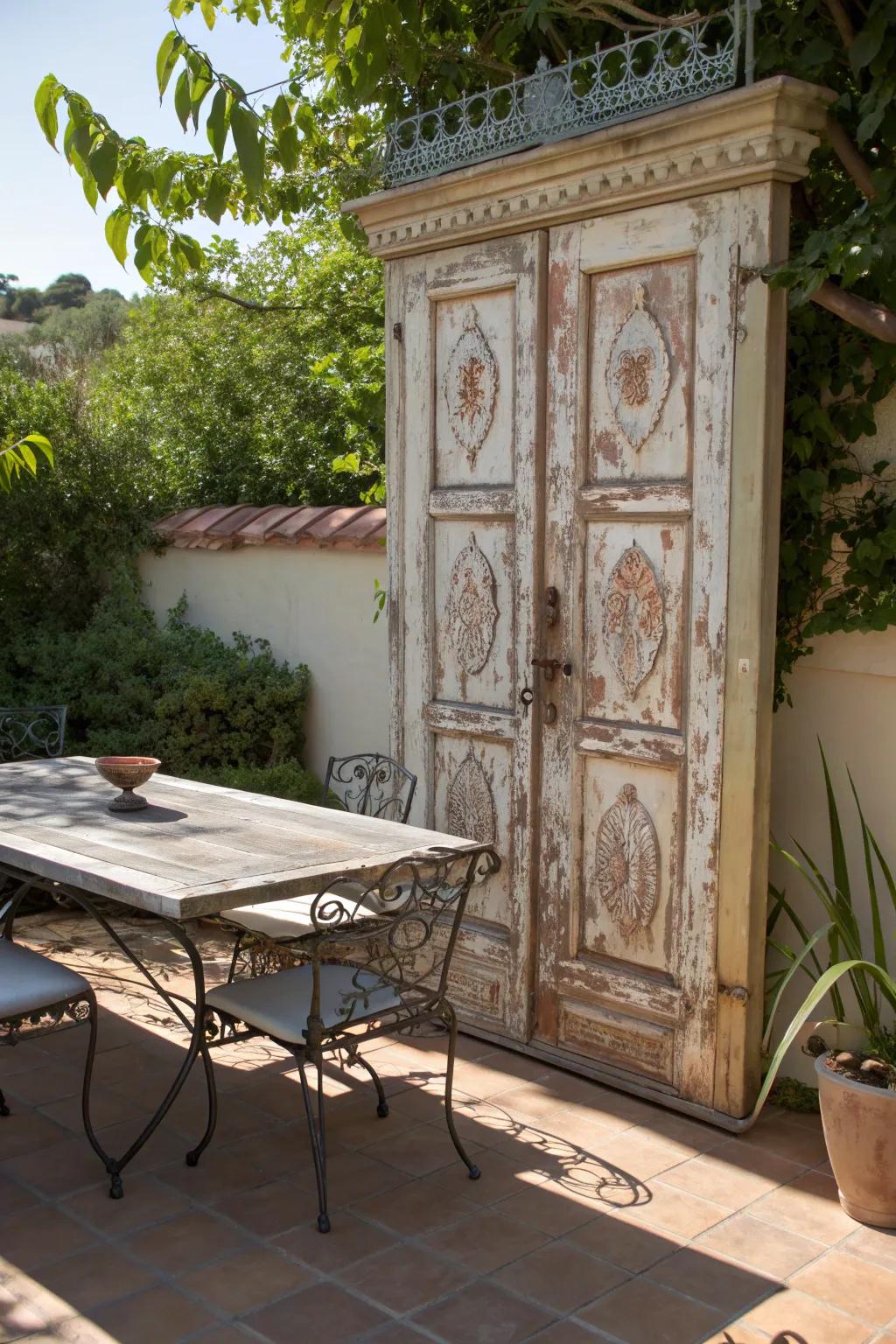 Transform your patio with a vintage door table centerpiece, where rustic charm meets outdoor elegance.