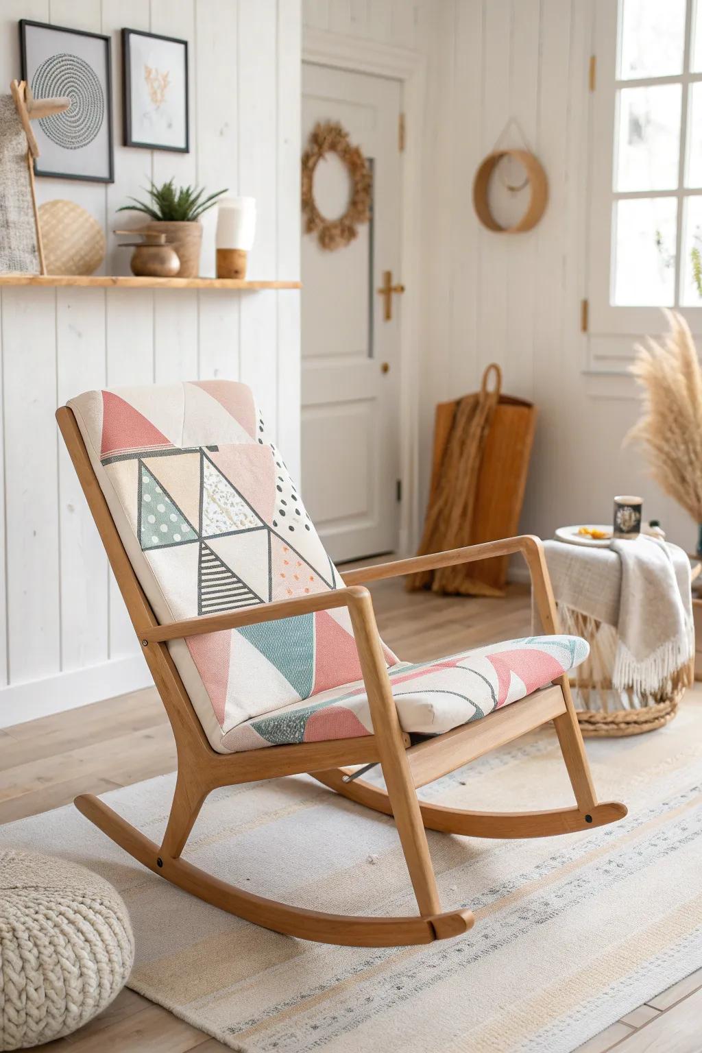Transform your space with a touch of modern elegance: a DIY geometric painted rocking chair that blends minimalism with boho charm.