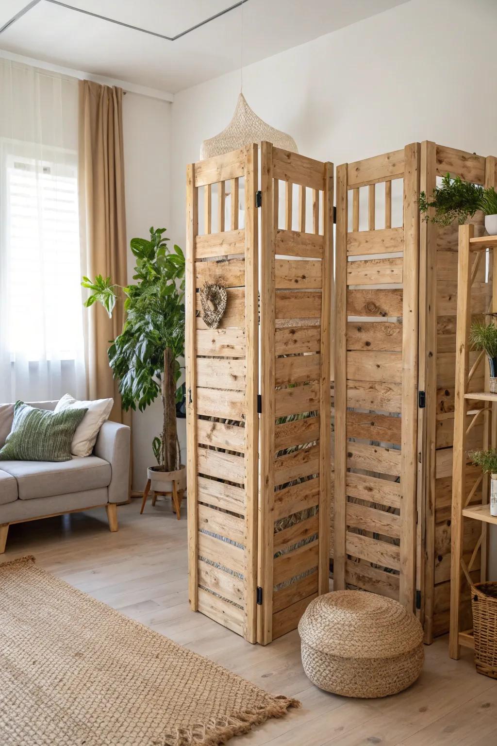 Embrace rustic charm with this DIY pallet room divider, perfect for a cozy Scandinavian space!