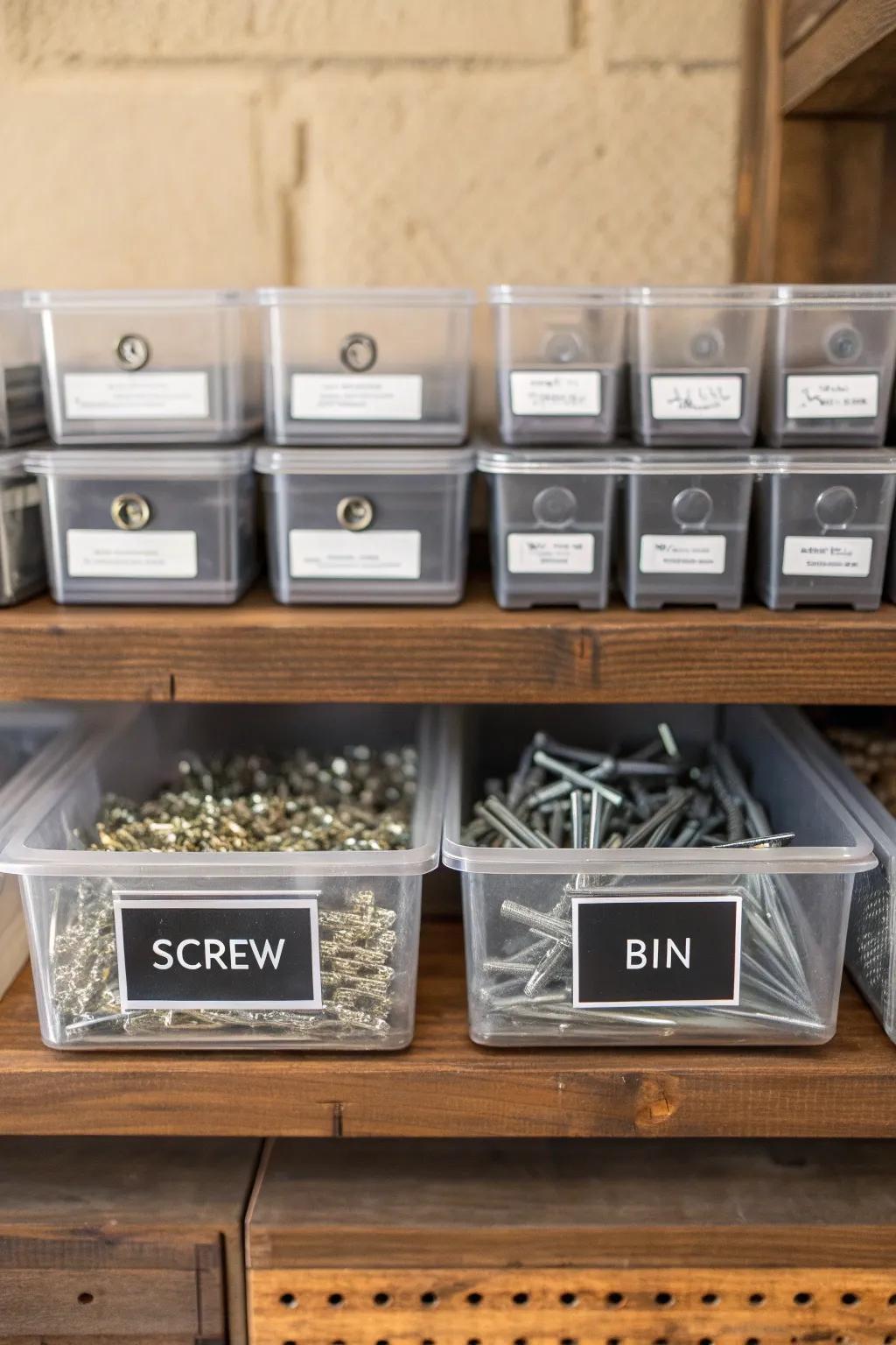 Elevate your workshop organization with clear plastic bins for effortless access and stylish storage.
