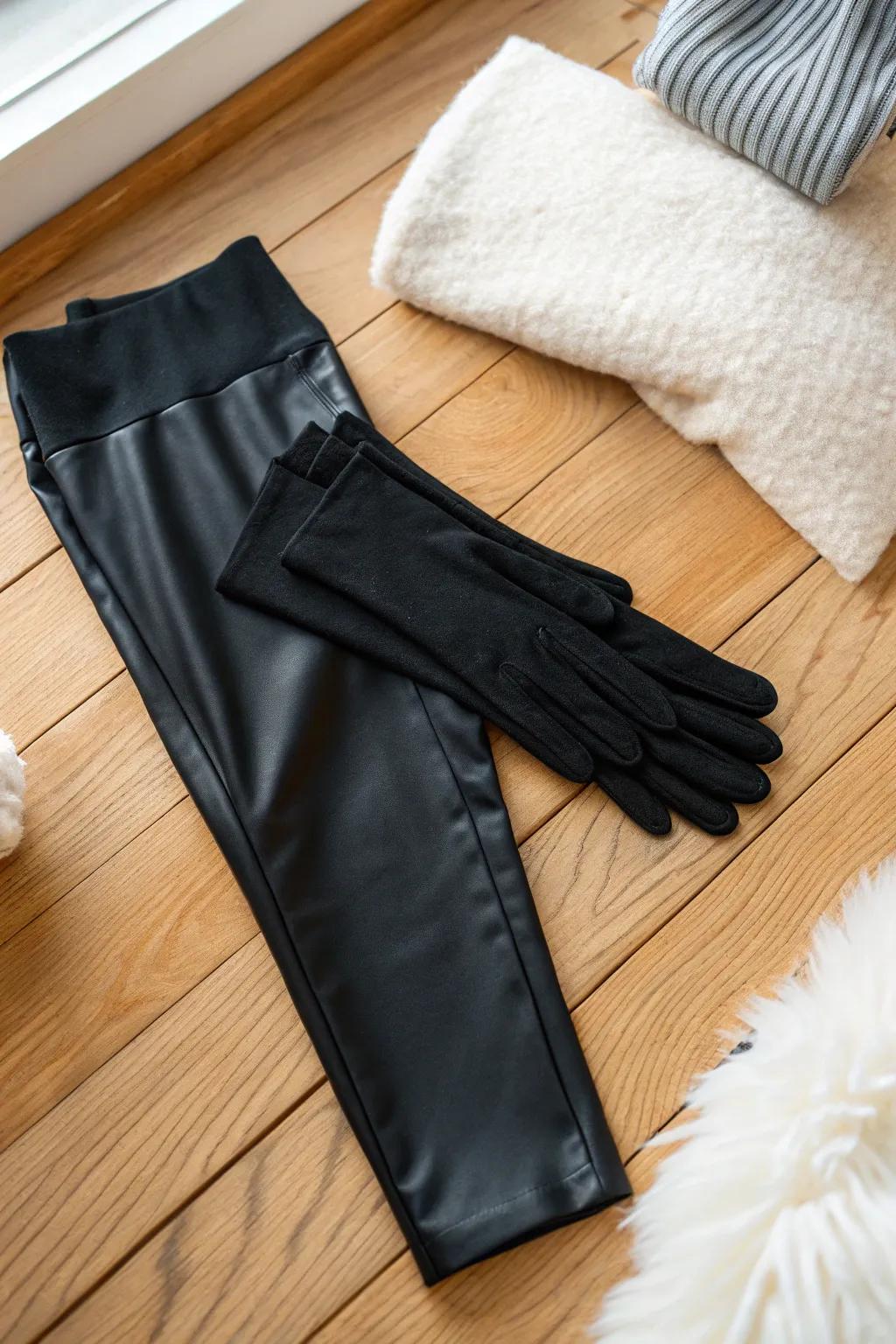 Elevate your DIY sheep costume with elegant black leggings and gloves for a chic and cozy finish.