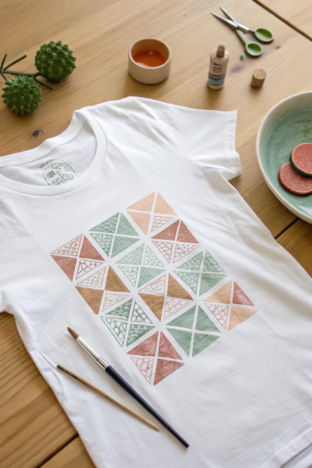 Craft your own chic geometric tee with simple DIY stamping techniques—embrace the beauty of handmade artistry!