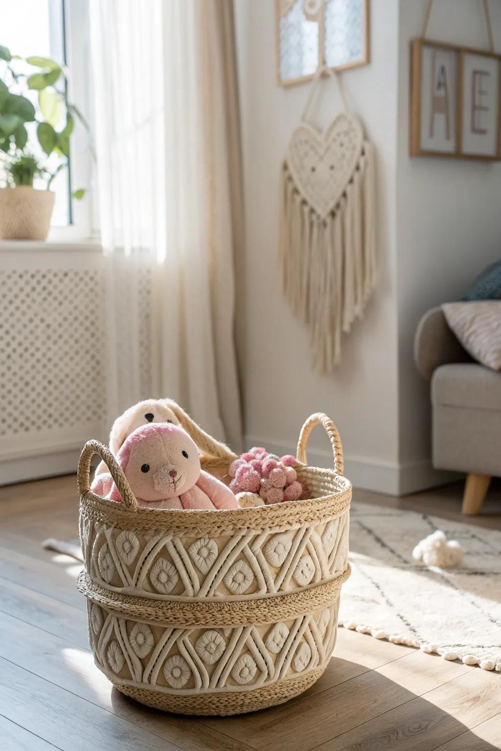 Embrace the art of simplicity with a woven basket that beautifully combines function and style for your toy storage needs.