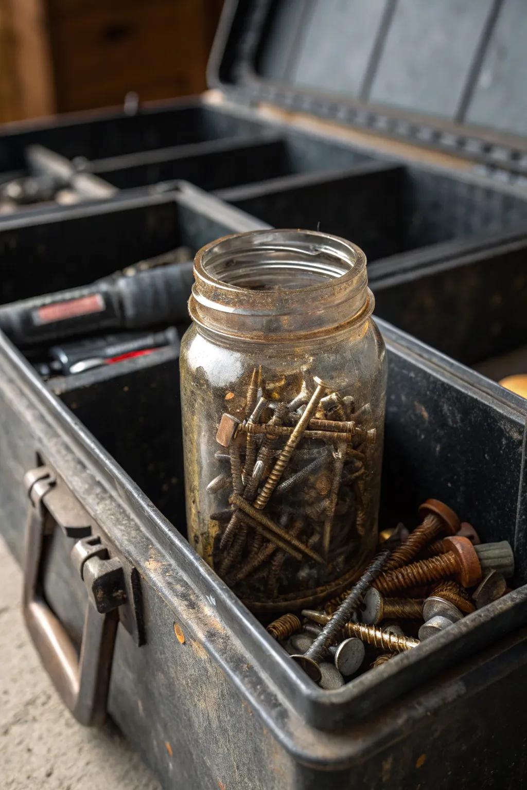Transform your truck tool box with repurposed charm: old jars make perfect organizers for small parts.