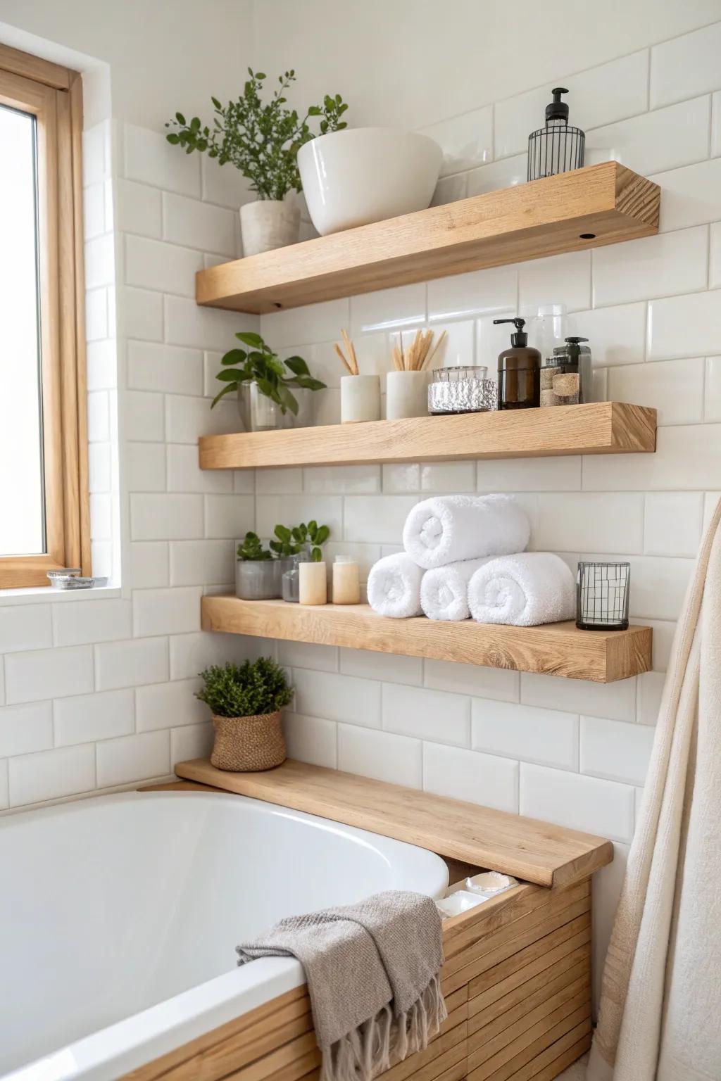 Elevate your bath space with minimalist shelving that marries style and practicality.