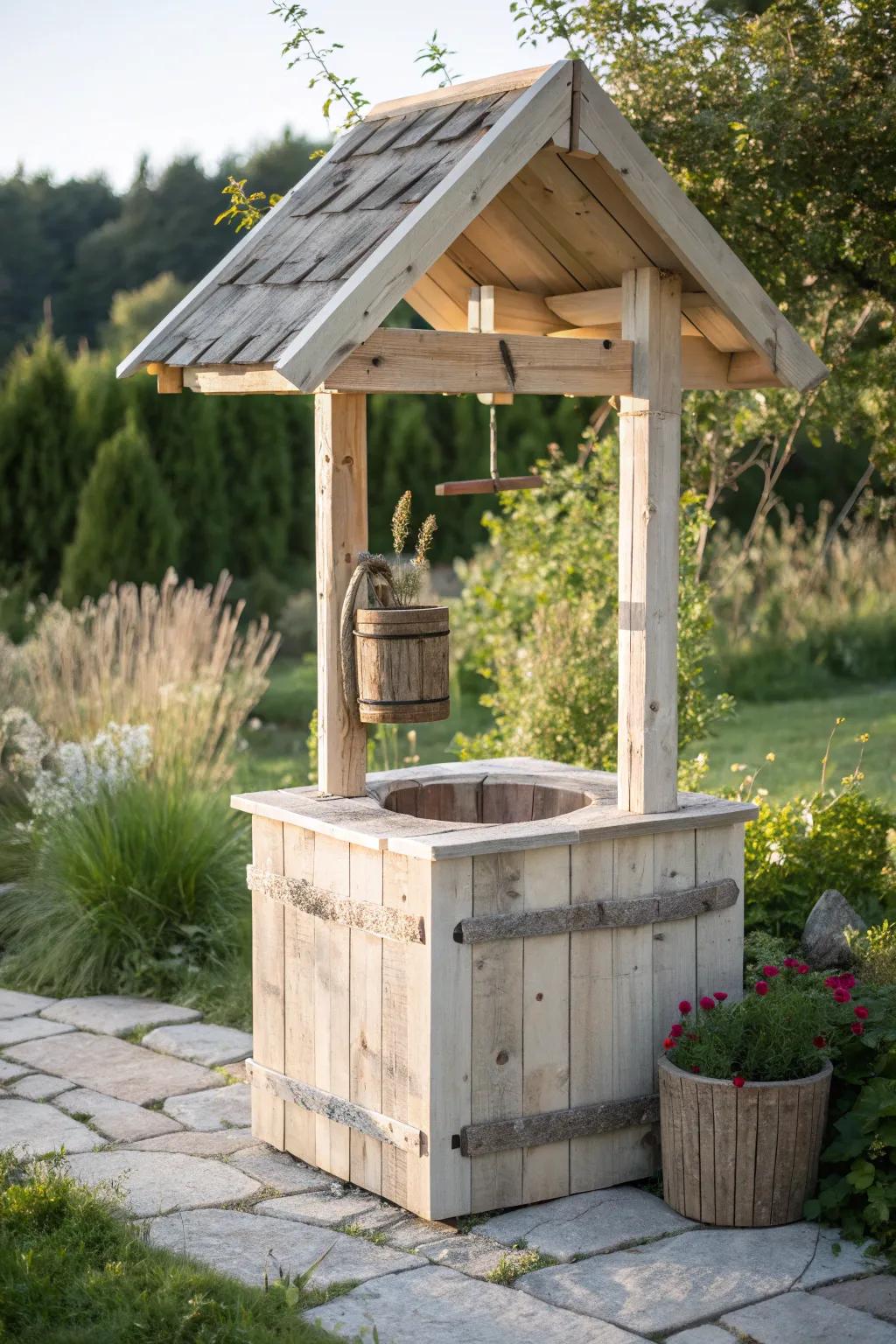 Transform your garden with a charming pallet wood wishing well, where rustic meets minimalist elegance.