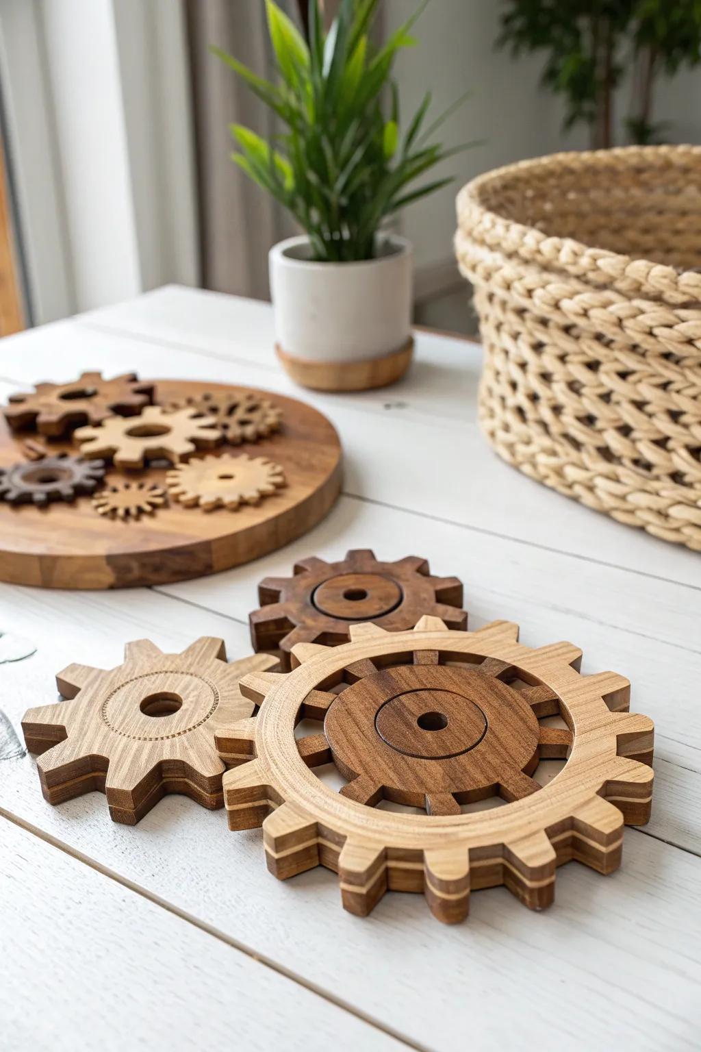Unlock the art of precision with handcrafted wooden cog puzzles.