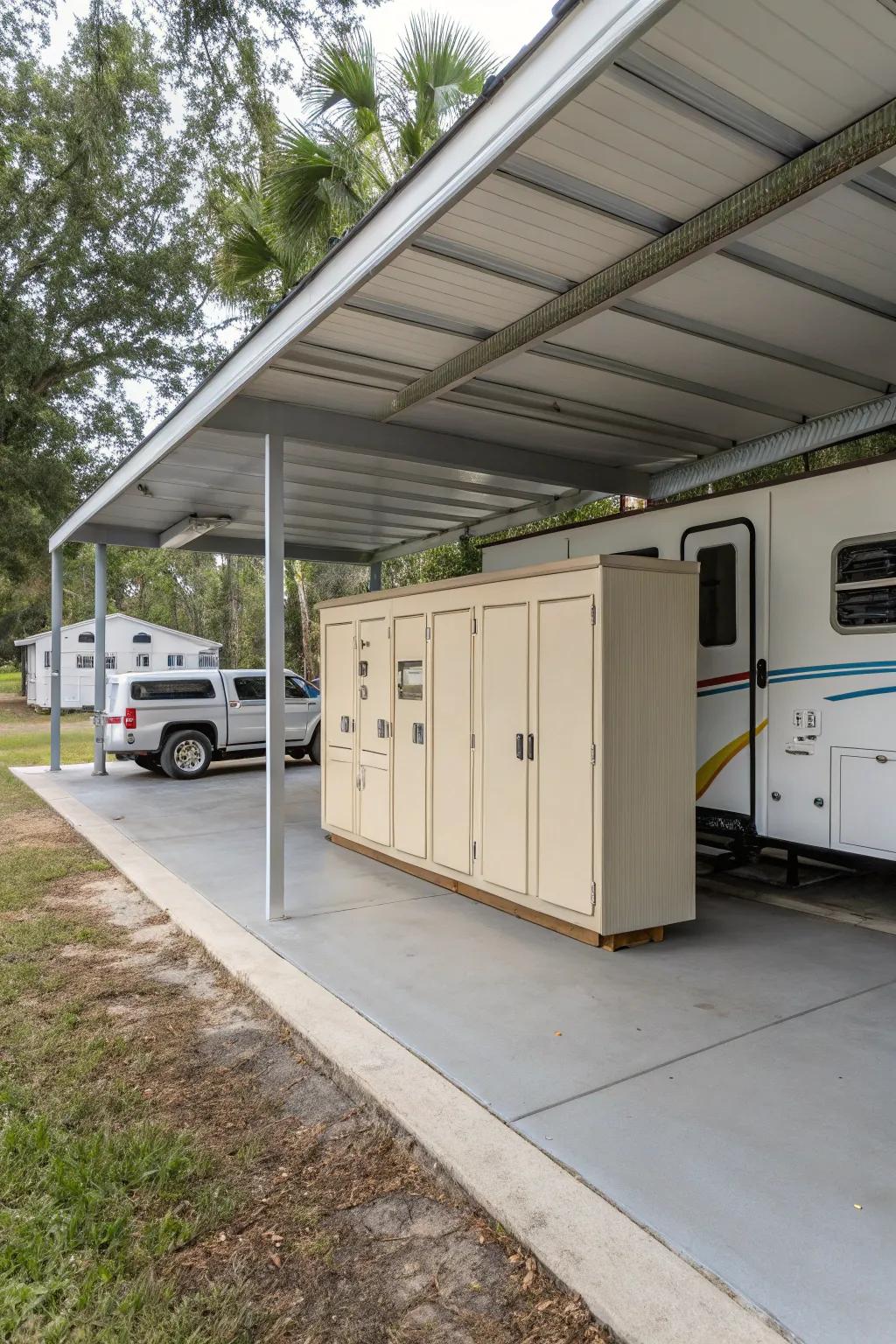 A carport with built-in storage to maximize space efficiency.