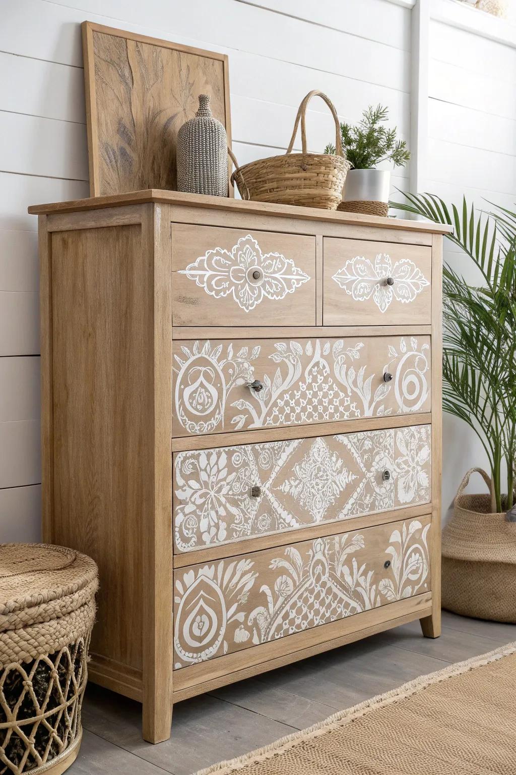 Transform your dresser into a masterpiece with elegant stenciling. Discover the beauty of simplicity and craftsmanship. 🌿✨ #DresserMakeover #ScandiBoho