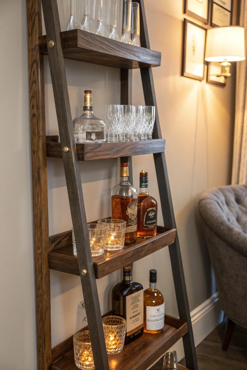 Elevate your bar game with chic ladder-style shelves that blend style and functionality.