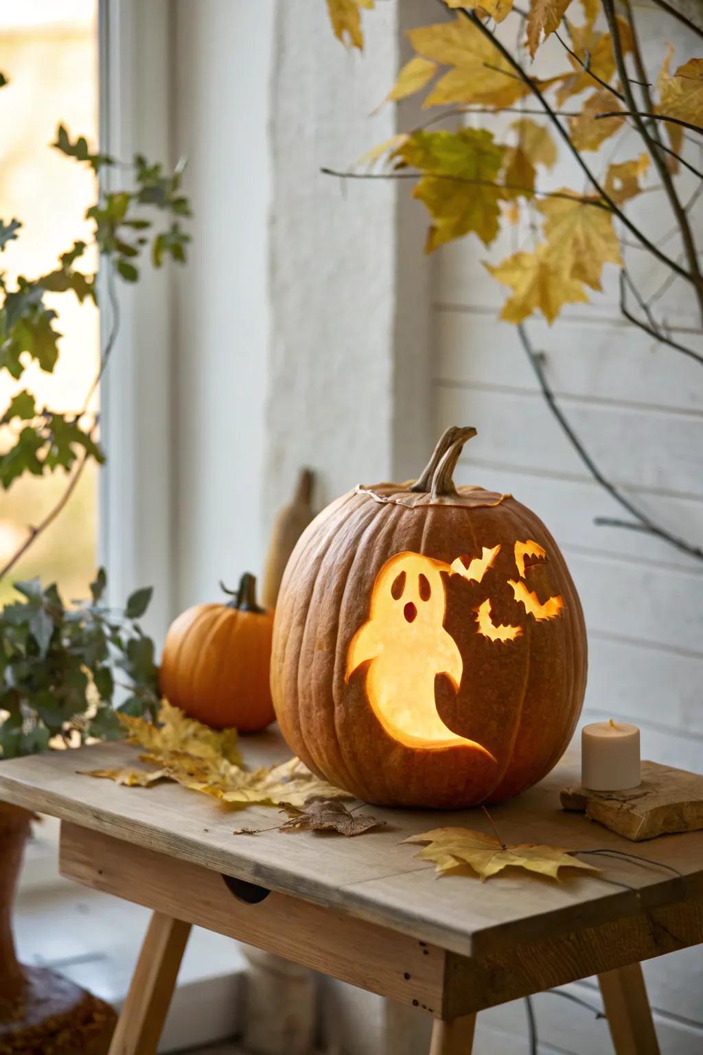 Embrace the Halloween spirit with this charming ghostly pumpkin, a perfect blend of spooky and friendly.